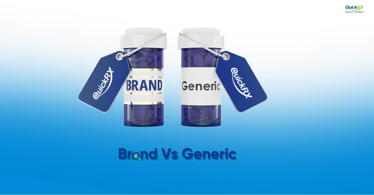 Brand-name and generic prescription medication bottles side by side, labeled "Brand" and "Generic," with QuickRX Specialty Pharmacy tags