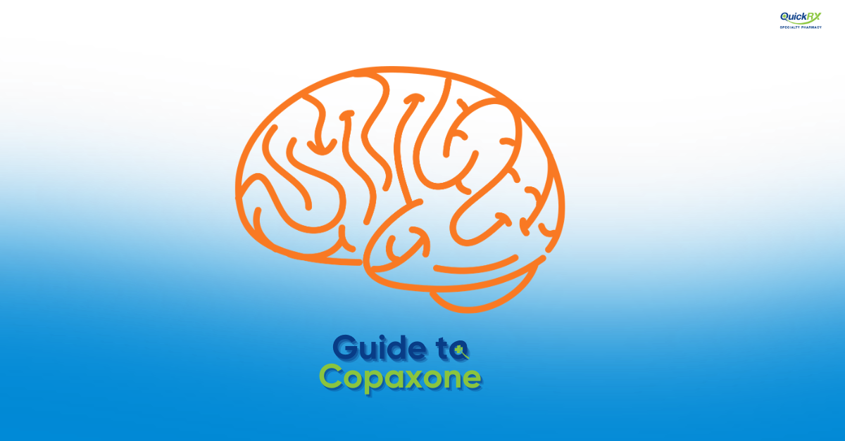 Orange line illustration of a human brain on a blue background, for a QuickRX Specialty Pharmacy guide to Copaxone, a multiple sclerosis medication