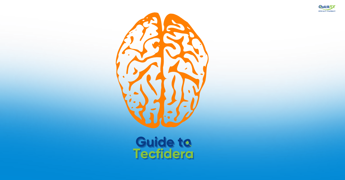 Orange illustration of a human brain on a blue background, for a QuickRX Specialty Pharmacy guide to Tecfidera, a multiple sclerosis medication