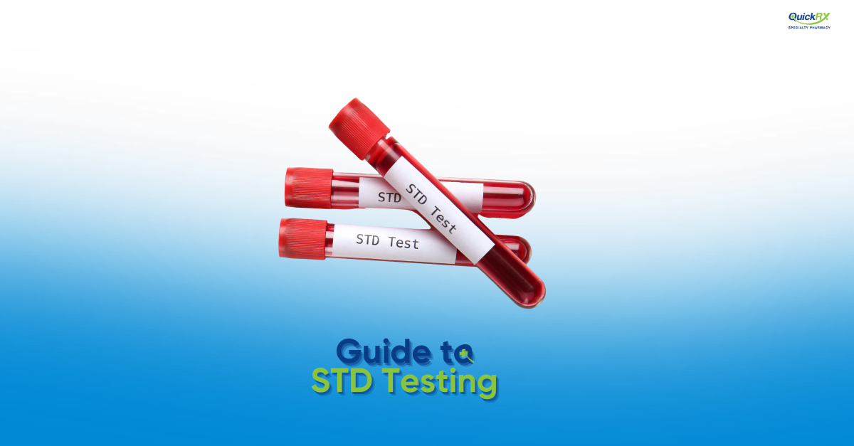 Three blood sample tubes with red caps labeled "STD Test" on a blue background, for a QuickRX Specialty Pharmacy guide to STD testing