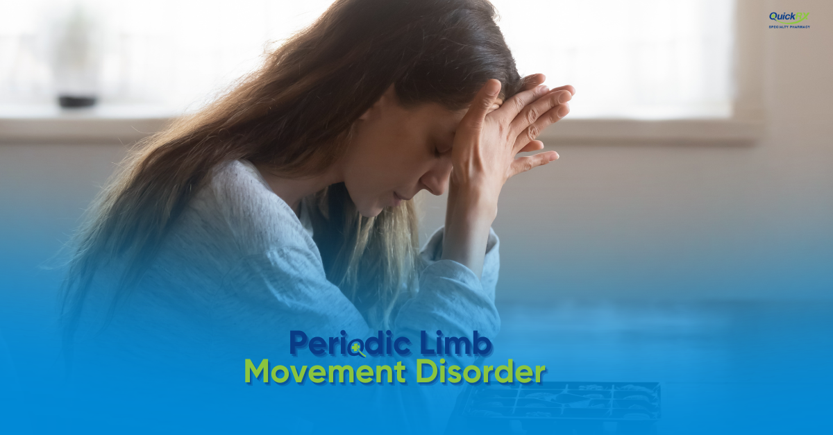 Tired woman resting her head on her hands, for a QuickRX Specialty Pharmacy guide to periodic limb movement disorder (PLMD)