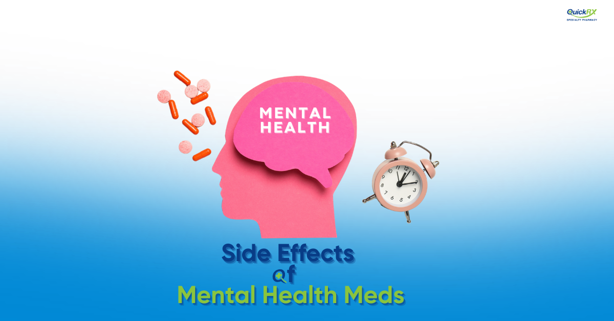 Pink illustration of a human head labeled "Mental Health" with scattered pills and an alarm clock, for a QuickRX Specialty Pharmacy guide to mental health medication side effects