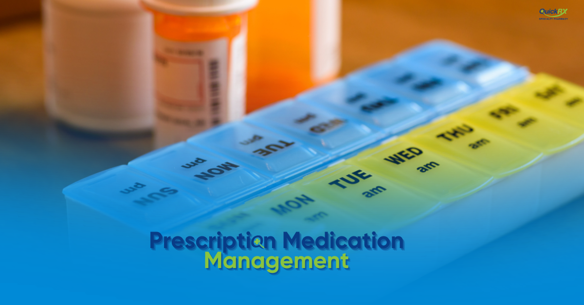Weekly pill organizer labeled with days of the week beside prescription bottles, for a QuickRX Specialty Pharmacy guide to prescription medication management
