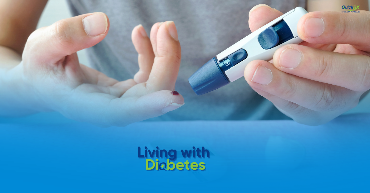 Person performing a finger-prick blood glucose test with a lancet, for a QuickRX Specialty Pharmacy guide to living with diabetes
