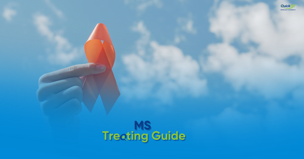 Hand holding an orange multiple sclerosis awareness ribbon against a blue sky, for a QuickRX Specialty Pharmacy guide to treating MS