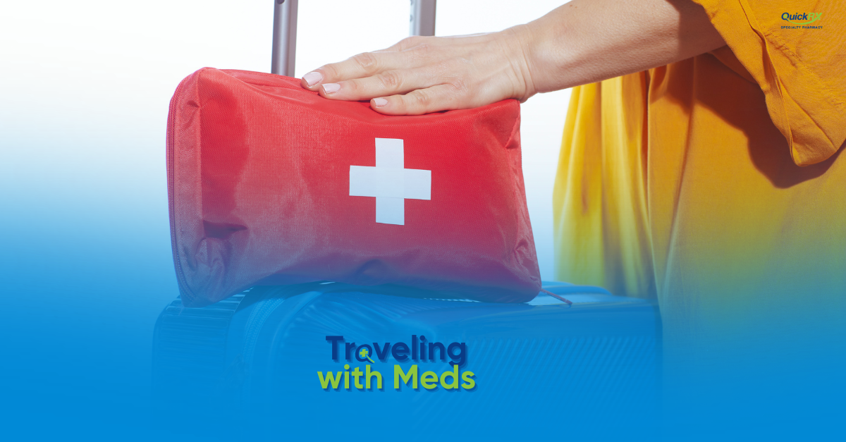 Hand resting on a red medical travel pouch with a white cross on top of a suitcase, for a QuickRX Specialty Pharmacy guide to traveling with medications