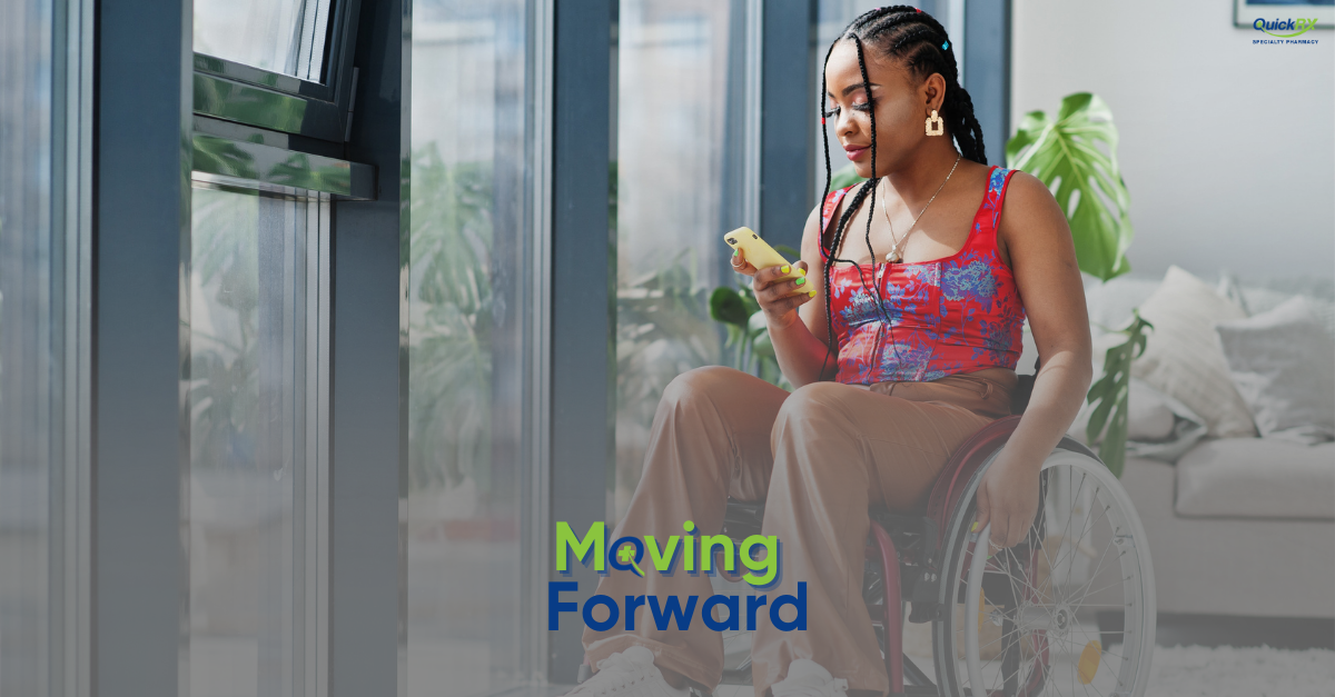 Woman in a wheelchair researching Dimethyl Fumarate (Tecfidera) on her phone, representing empowerment and improved movement.