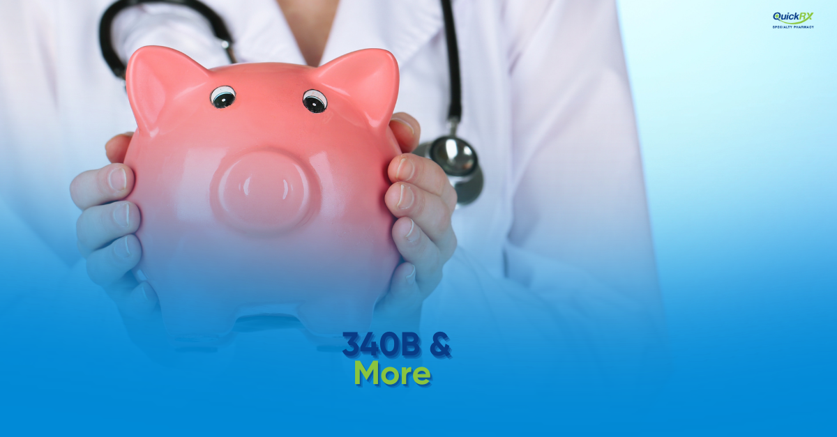 Healthcare provider in a white coat holding a pink piggy bank, for a QuickRX Specialty Pharmacy guide to the 340B drug pricing program