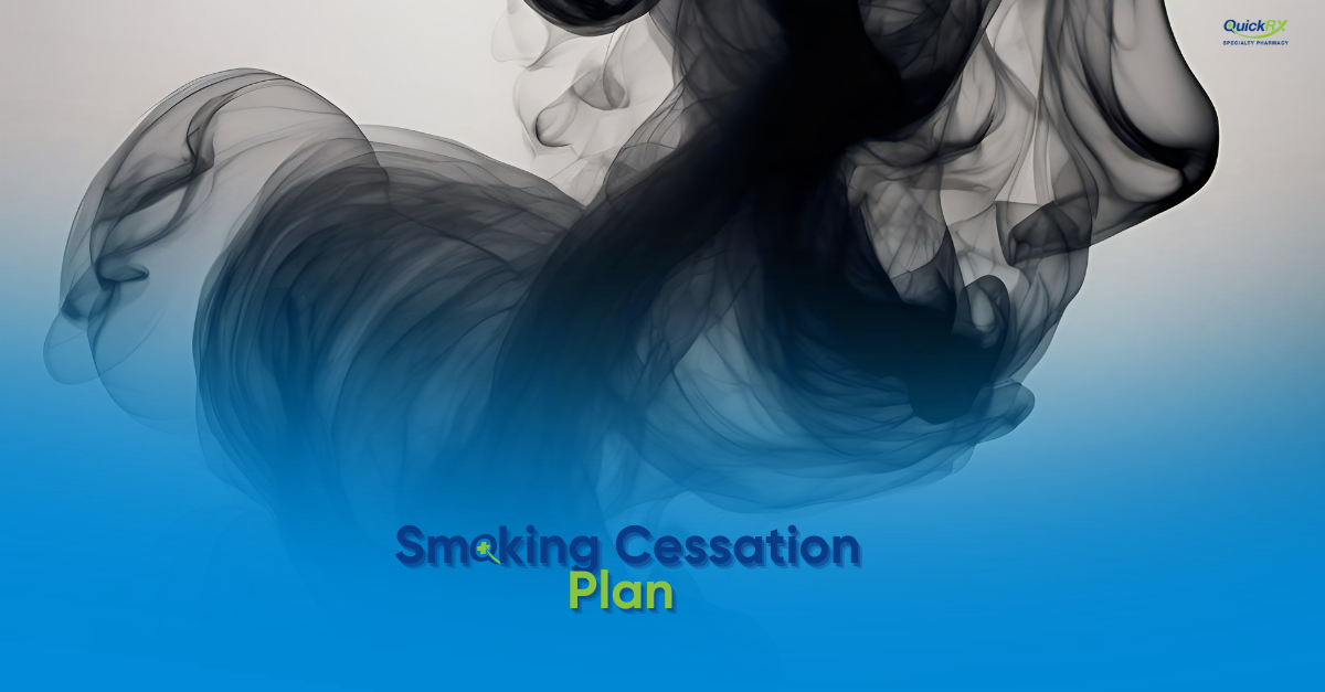 Wisps of smoke on a blue background, for a QuickRX Specialty Pharmacy guide to creating a smoking cessation plan
