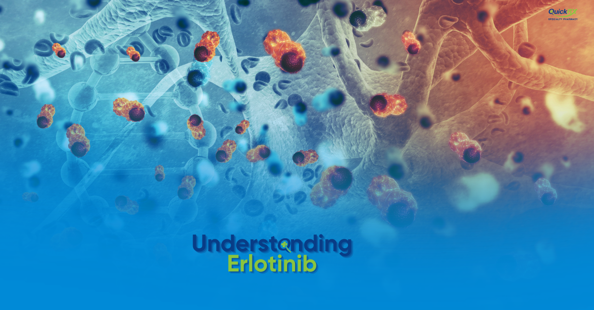 Microscopic illustration of tumor cells and molecular structures, for a QuickRX Specialty Pharmacy guide to understanding erlotinib