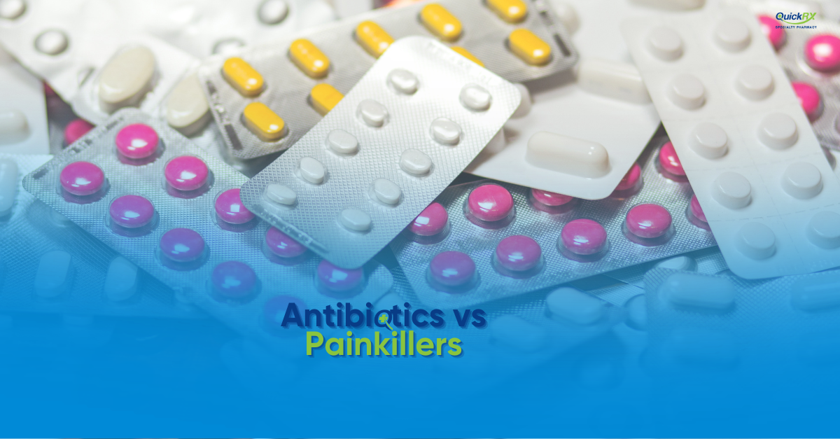 Assorted blister packs of colorful pills and tablets, for a QuickRX Specialty Pharmacy guide comparing antibiotics and painkillers