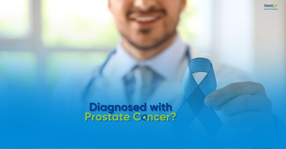 Man holding a light blue prostate cancer awareness ribbon, for a QuickRX Specialty Pharmacy guide for people diagnosed with prostate cancer