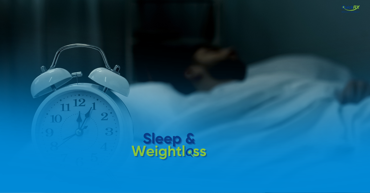 Alarm clock beside a person sleeping in bed, for a QuickRX Specialty Pharmacy guide to the connection between sleep and weight loss