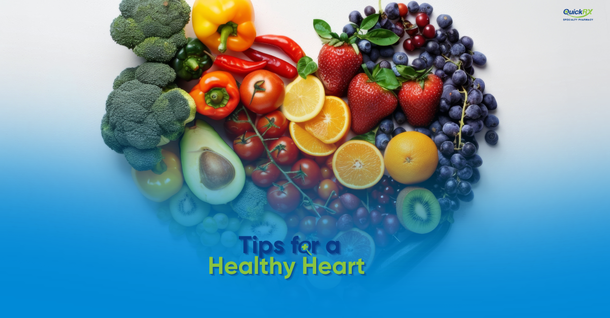 Fresh fruits and vegetables arranged in the shape of a heart, for a QuickRX Specialty Pharmacy guide with tips for a healthy heart