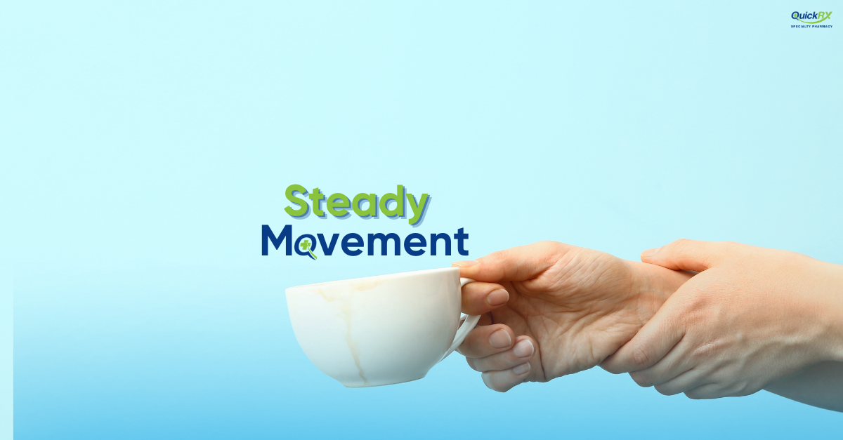 Person holding her wrist to steady a cup, representing improved control of movement with Tetrabenazine for chorea and Huntington’s disease.