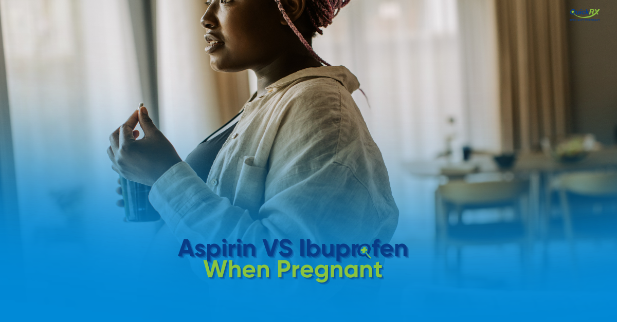 Pregnant woman holding a pill and a glass of water, for a QuickRX Specialty Pharmacy guide to aspirin vs. ibuprofen during pregnancy