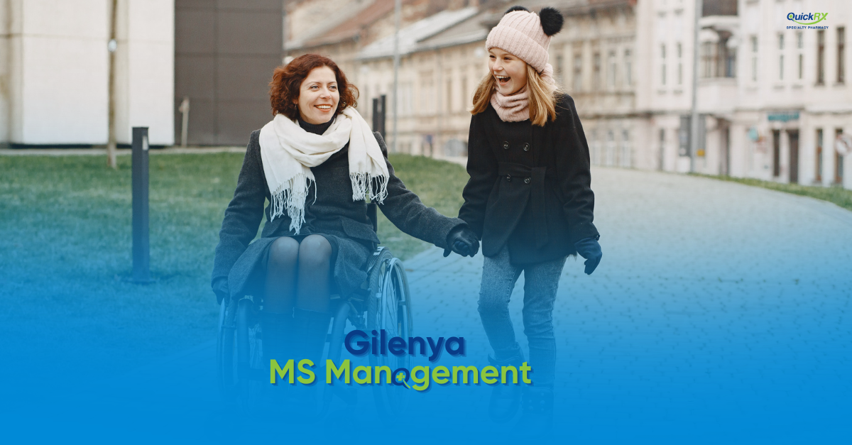 Smiling woman using a wheelchair walking alongside a child outdoors, for a QuickRX Specialty Pharmacy guide to Gilenya for MS management