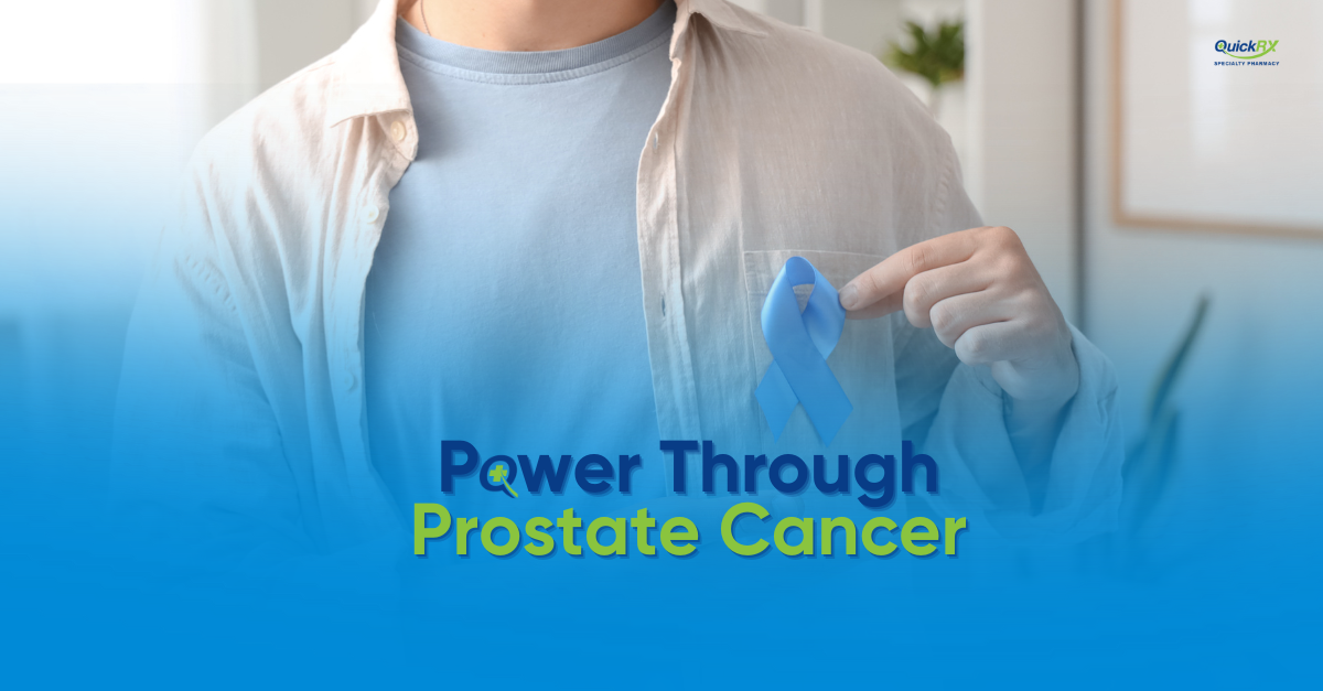 A man wearing casual clothes, holding blue prostate cancer awareness ribbon