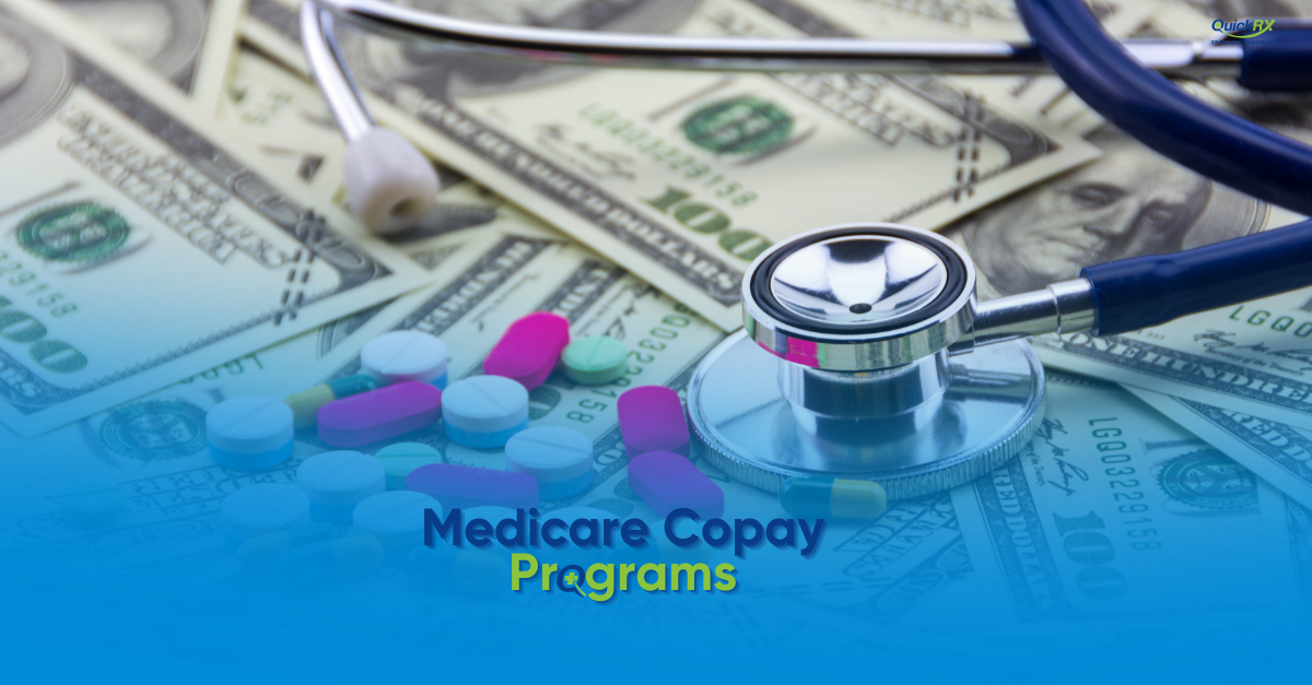 Pills and a stethoscope resting on $100 bills, for a QuickRX Specialty Pharmacy guide to Medicare copay programs