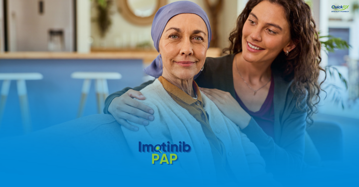 Older woman wearing a headscarf and a younger woman embracing at home, for a QuickRX Specialty Pharmacy guide to the Imatinib patient assistance program (PAP)