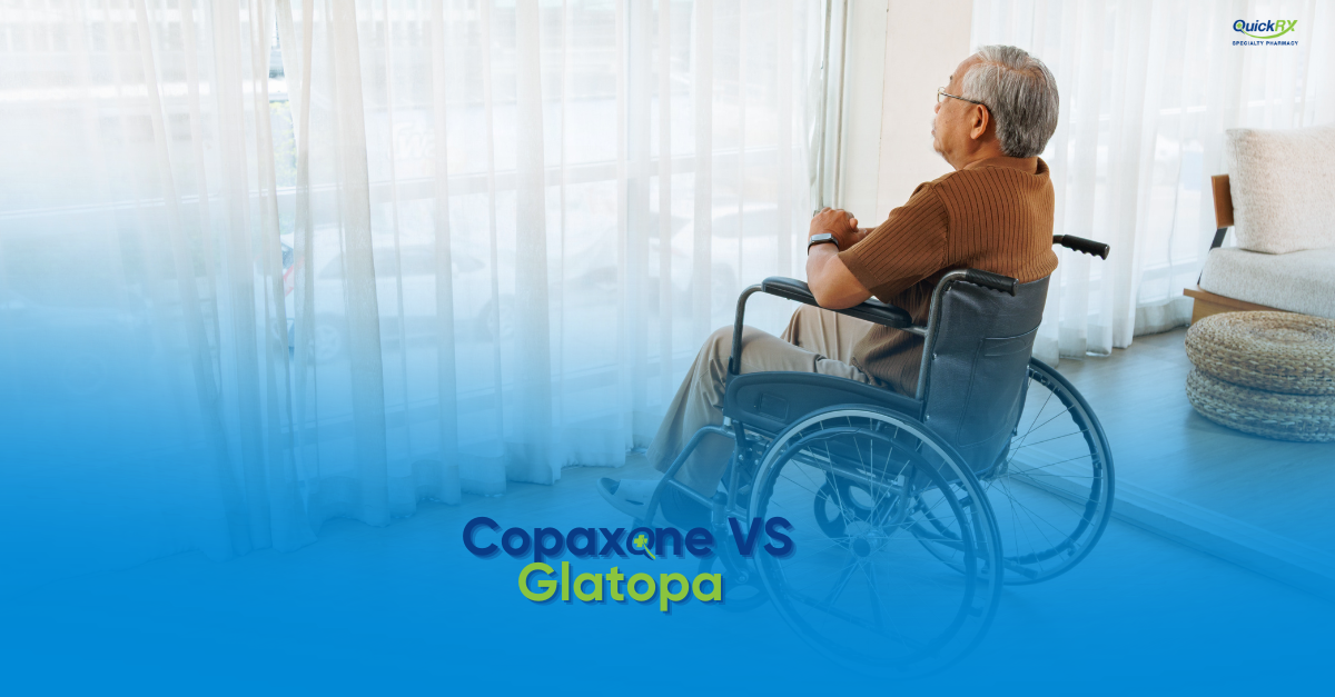 Older man using a wheelchair looking out a bright window, for a QuickRX Specialty Pharmacy guide comparing Copaxone and Glatopa