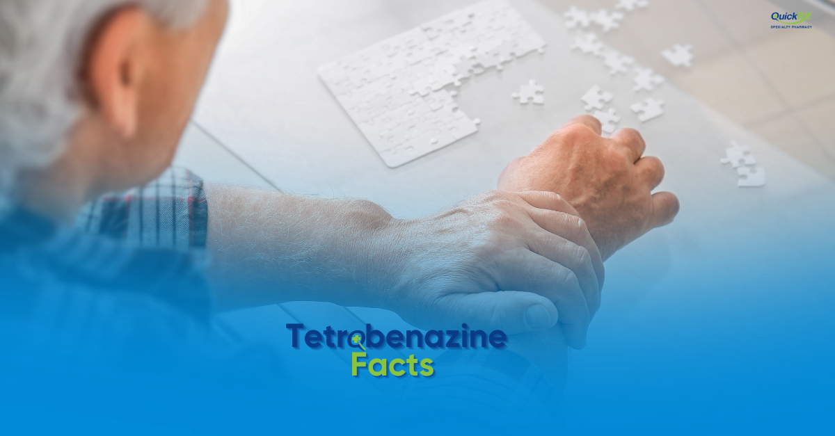 Older person's hands being held gently, with a jigsaw puzzle in the background, for a QuickRX Specialty Pharmacy guide to tetrabenazine facts
