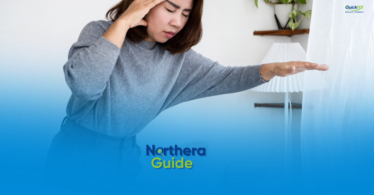 Woman feeling dizzy and reaching out for support, for a QuickRX Specialty Pharmacy guide to Northera