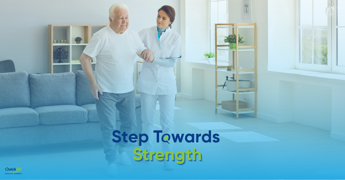 Man being assisted by a therapist while walking, representing improved mobility and strength with Tecfidera (Dimethyl Fumarate) in Multiple Sclerosis.