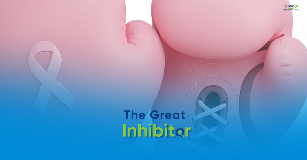 Pink breast cancer awareness ribbon overlaid on gradient blue and pink background with text 'The Great Inhibitor' and QuickRX pharmacy logo - Tykerb lapatinib HER2-positive breast cancer treatment