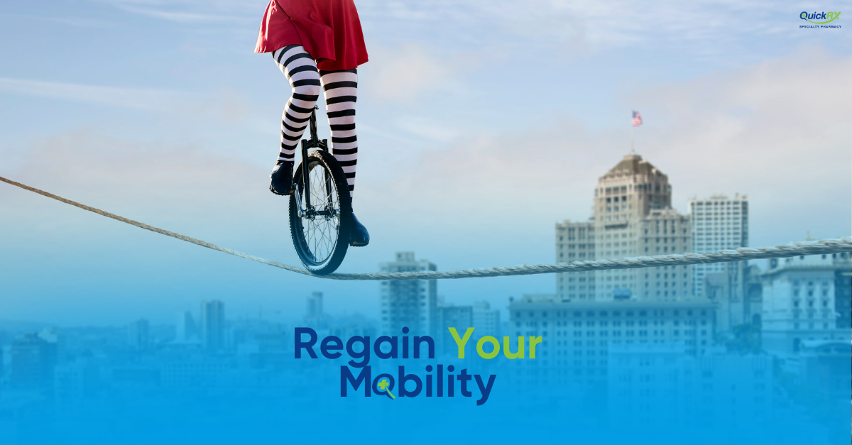 Woman balancing on a unicycle on a rope above a city, symbolizing improved mobility and confidence with Ampyra for Multiple Sclerosis.