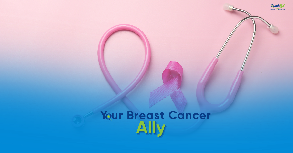 Pink ribbon and stethoscope on gradient background symbolizing breast cancer treatment and Fareston medication support