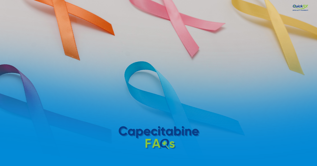 Cancer awareness ribbons in orange, pink, yellow, and blue on a light and blue background, with the title "Capecitabine FAQs" and the QuickRx Specialty Pharmacy logo.