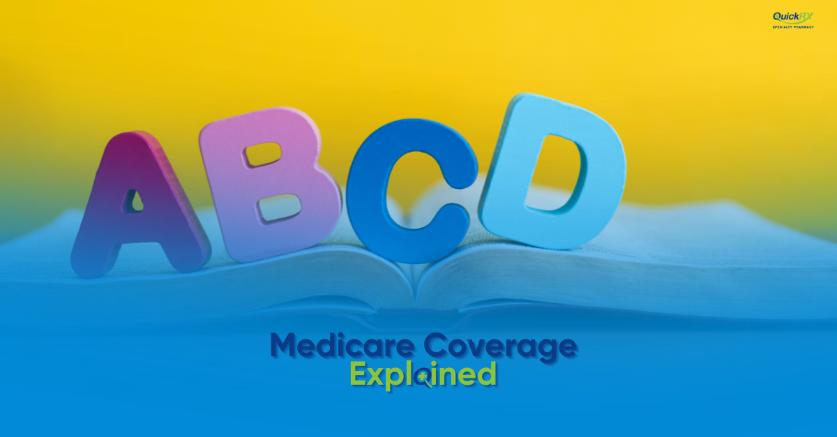 Colorful wooden letters spelling "ABCD" standing on an open book against a yellow and blue background, with the title "Medicare Coverage Explained" and the QuickRx Specialty Pharmacy logo.