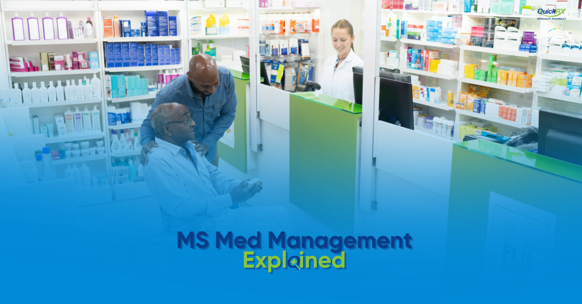An older man being assisted by a younger man at a pharmacy counter while a pharmacist helps behind the counter, with the title "MS Med Management Explained" and the QuickRx Specialty Pharmacy logo.
