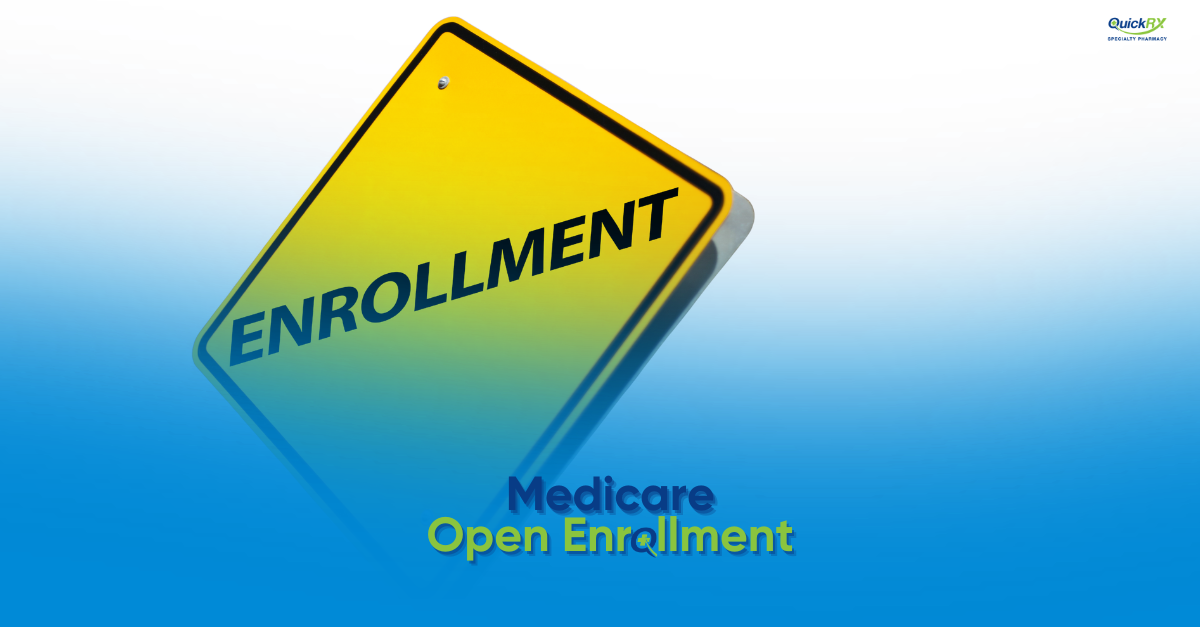 A yellow road sign reading "Enrollment" on a blue background, with the title "Medicare Open Enrollment" and the QuickRx Specialty Pharmacy logo.