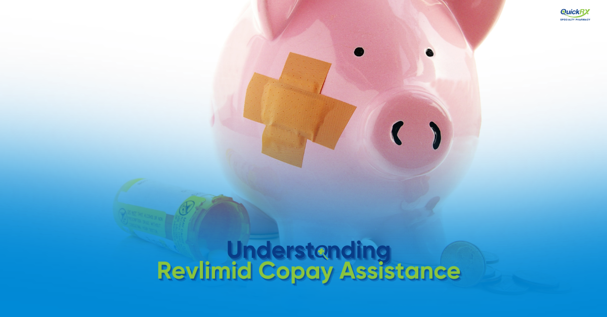 A pink piggy bank with an adhesive bandage across it beside a prescription pill bottle, with the title "Understanding Revlimid Copay Assistance" and the QuickRx Specialty Pharmacy logo.