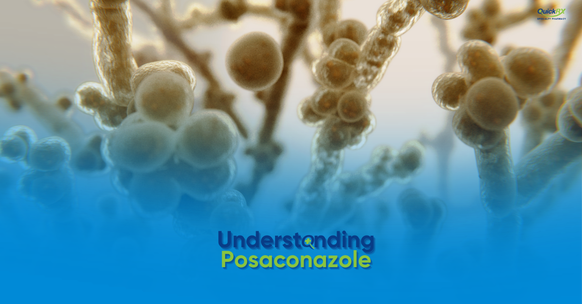 Microscopic close-up of fungal spores and structures on a blue-toned background, with the title "Understanding Posaconazole" and the QuickRx Specialty Pharmacy logo.