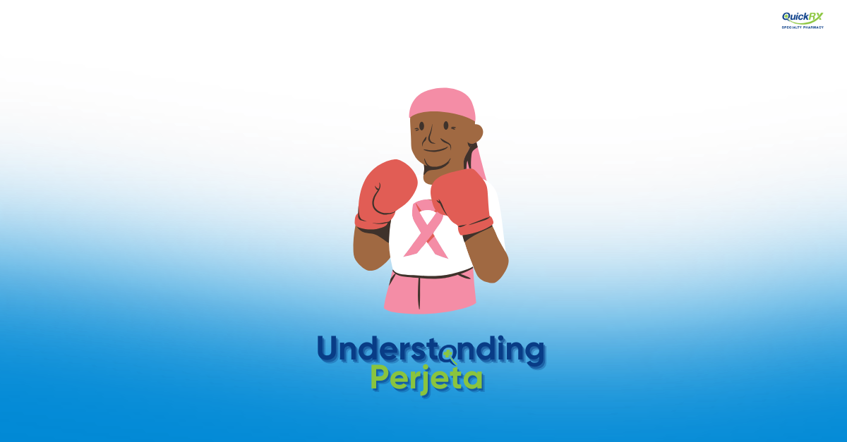 Illustration of a breast cancer patient wearing boxing gloves and a pink ribbon, for a QuickRX Specialty Pharmacy guide to understanding Perjeta