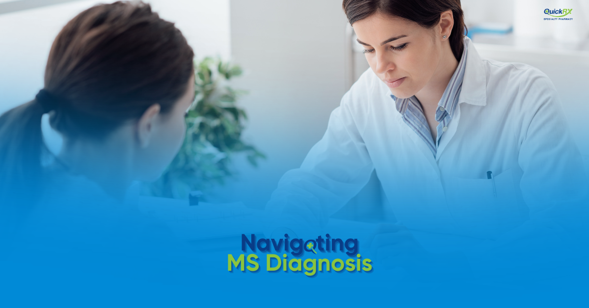A female doctor in a white coat consulting with a patient seated across from her, with the title "Navigating MS Diagnosis" and the QuickRx Specialty Pharmacy logo.