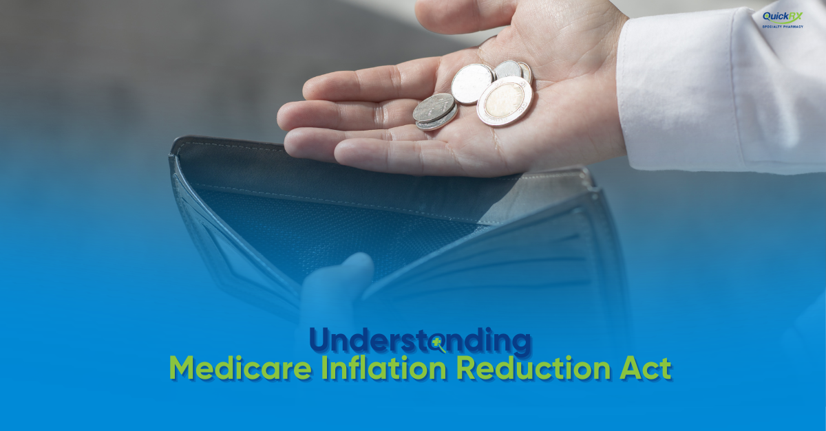 A hand holding a few coins over an open wallet on a blue background, with the title "Understanding Medicare Inflation Reduction Act" and the QuickRx Specialty Pharmacy logo.