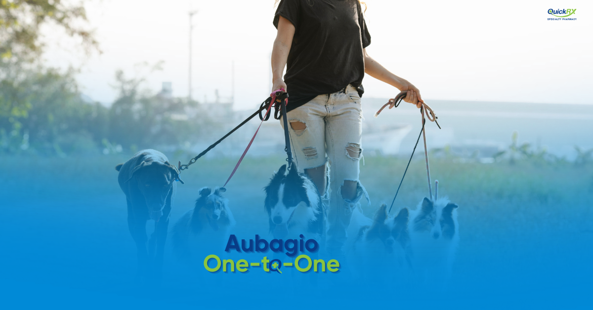 Person walking several dogs outdoors, for a QuickRX Specialty Pharmacy guide to the Aubagio One-to-One support program