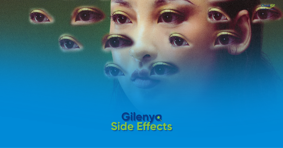 Surreal portrait of a woman's face with multiple eyes across it on a blue-green background, with the title "Gilenya Side Effects" and the QuickRx Specialty Pharmacy logo.