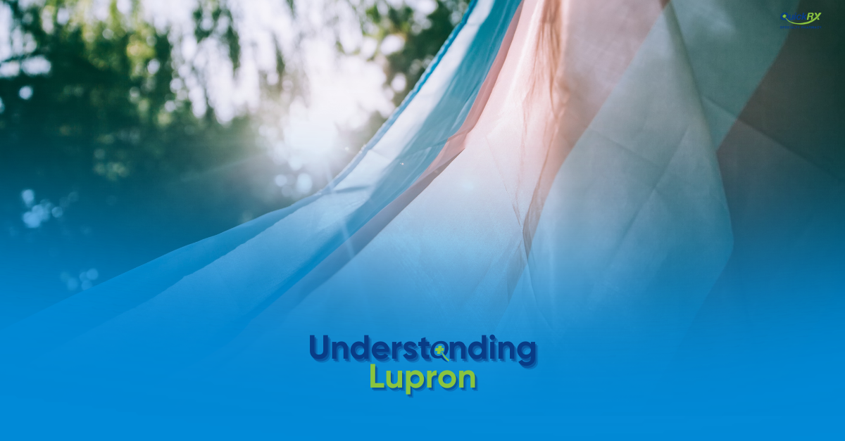 Soft, flowing translucent fabric in light blue and pink tones with sunlight and greenery in the background, with the title "Understanding Lupron" and the QuickRx Specialty Pharmacy logo.