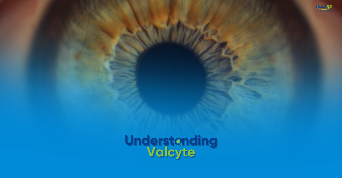 Extreme close-up of a human eye and iris on a blue-toned background, with the title "Understanding Valcyte" and the QuickRx Specialty Pharmacy logo.