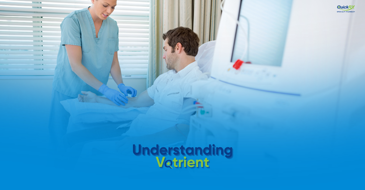 A nurse in scrubs caring for a male patient resting in a hospital bed, with the title "Understanding Votrient" and the QuickRx Specialty Pharmacy logo.