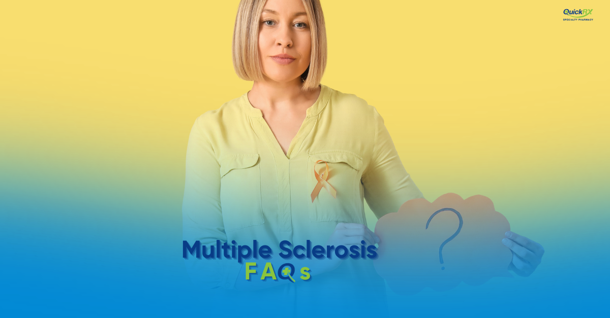 Woman wearing an orange MS awareness ribbon beside a question-mark thought bubble, for a QuickRX Specialty Pharmacy multiple sclerosis FAQ guide
