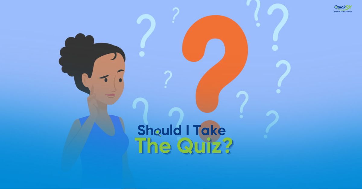 Woman pondering with question marks around her head, text reads Should I Take the Quiz, multiple sclerosis knowledge assessment