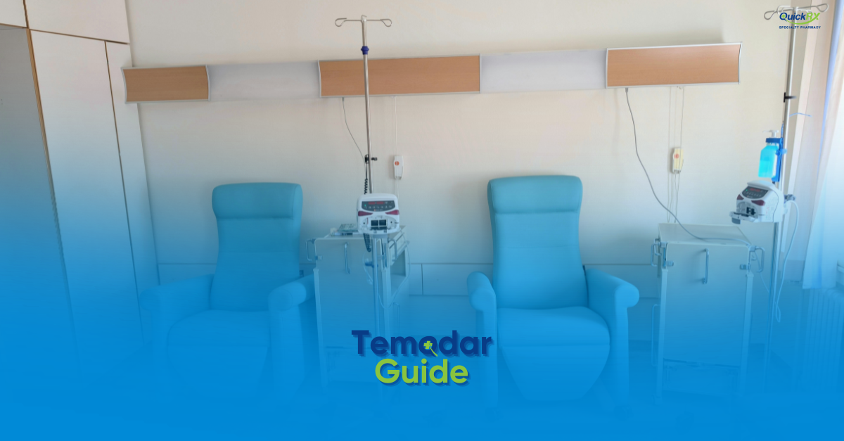 Empty infusion treatment room with two blue chairs and IV equipment, with the title "Temodar Guide" and the QuickRx Specialty Pharmacy logo.