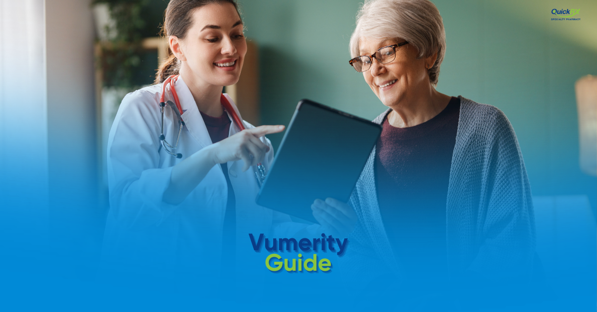 A smiling doctor in a white coat showing a tablet to an older woman patient, with the title "Vumerity Guide" and the QuickRx Specialty Pharmacy logo.