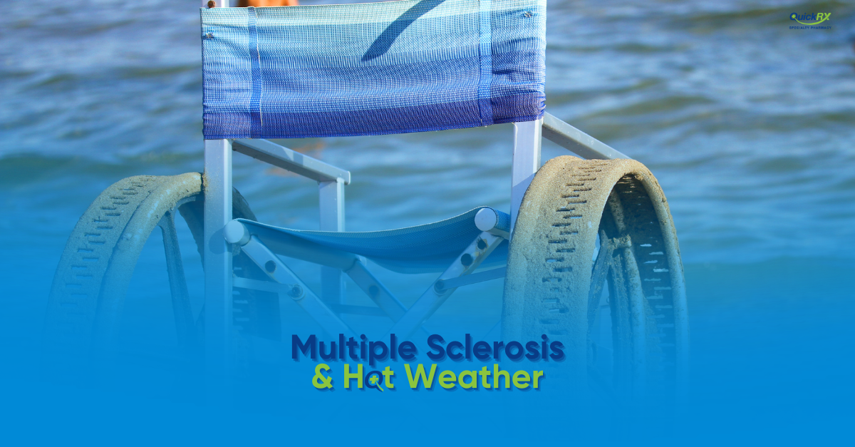 Beach wheelchair in shallow sea water, for a QuickRX Specialty Pharmacy guide to multiple sclerosis and hot weather